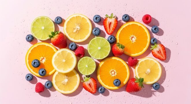 Vibrant arrangement of freshly cut citrus fruits and berries on pink