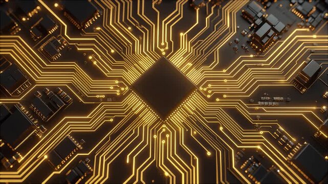 Abstract Digital Circuit Board with Glowing Golden Lines and Central Processor.