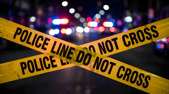 Yellow police tape marking a crime scene at night in the city with blurred headlights and taillights