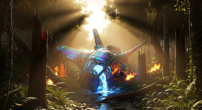 crashed futuristic spaceship wreck leaking glowing blue energy into a stream in a sun-dappled jungle conveying a mysterious sci-fi scene