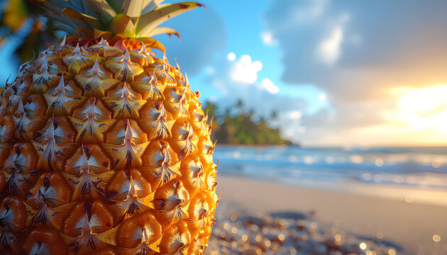 Pineapple Textured Skin Close Up at Golden Tropical Beach Sunset