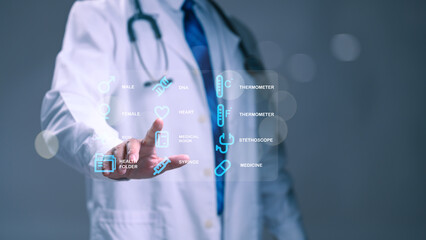 Professional doctor wearing white coat interacts futuristic digital medical interface displaying health data icons like DNA heart stethoscope thermometer medicine records during advanced clinical