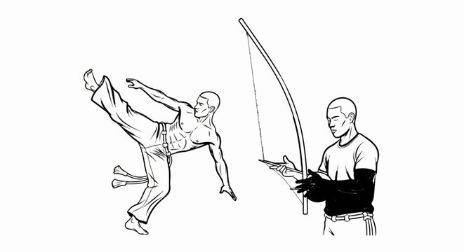 Two men engaged in a martial arts performance with a musical instrument