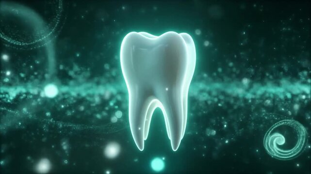 Glowing tooth model with neon outline against a dark green background with particles