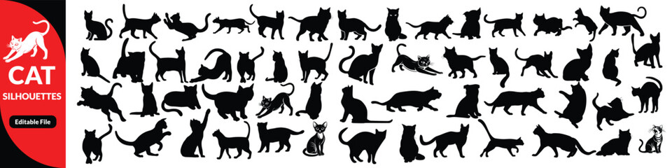 Black cat silhouettes vector illustration, diverse feline poses artwork, decorative animal icons, playful pet design elements, artistic nature inspired graphics, creative feline motif © Designby