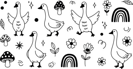 Hand drawn goose doodle set with mushrooms flowers rainbow leaves cute outline coloring page vector illustration © Vector Design Hub