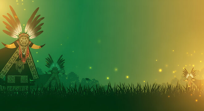 Gawai Dayak, vibrant forest green-to-golden gradient, traditional Dayak longhouse silhouette with tribal patterns and hornbill feathers on the left 