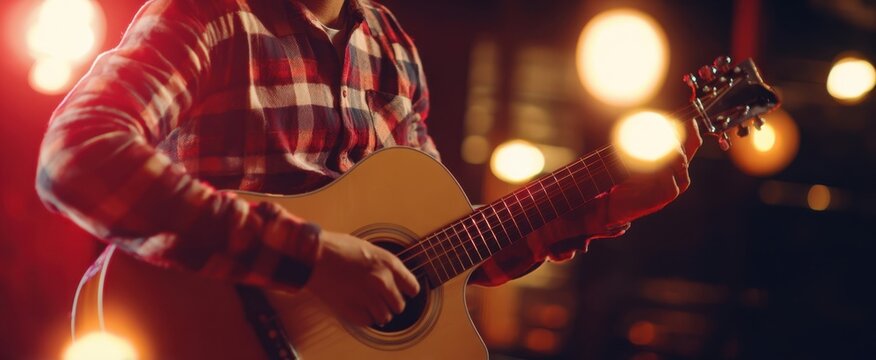 The Acoustic Guitarist Playing an Intimate Live Performance with Warm Bokeh Stage Lights