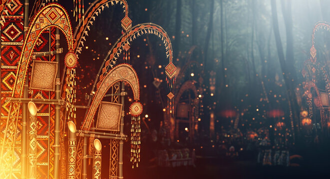 Gawai Dayak, deep jungle gradient with glowing ethnic Dayak patterns and bamboo decorations