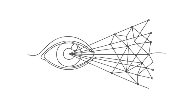 Abstract continuous line drawing of an eye with radiating geometric pattern, depicting digital vision, AI perception, and data processing