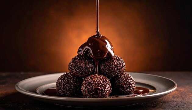 Melted chocolate Brazilian brigadeiro lava dessert, rich glossy chocolate flowing slowly over soft truffle layers, warm lighting, macro food photography, ultra detailed texture