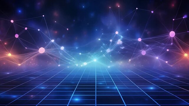 Glowing blue grid background with neon lines and colorful dots in a dark space