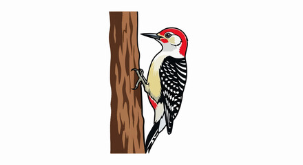 Obraz premium Red-headed woodpecker clinging to a tree trunk, white background