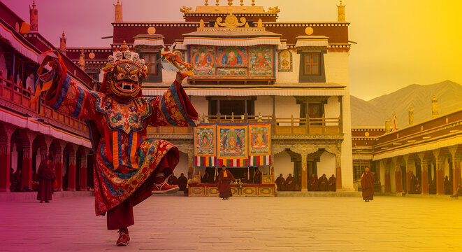 Hemis Monastery Festival, vibrant crimson-to-gold gradient, masked monk dancer performing cham ritual in monastery courtyard