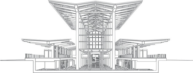 Architectural drawing of a modern building with large overhanging roof structures isolated on transparent background