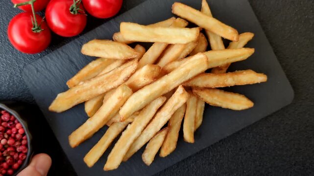 French fries, a salty, crispy, homemade snack with spices. French fries as a food background for your design