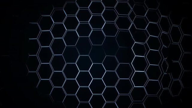 Abstract glowing hexagonal grid with dark background, representing technology, innovation, and digital connection