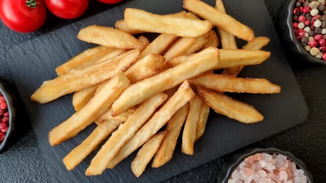 French fries, a salty, crispy, homemade snack with spices. French fries as a food background for your design