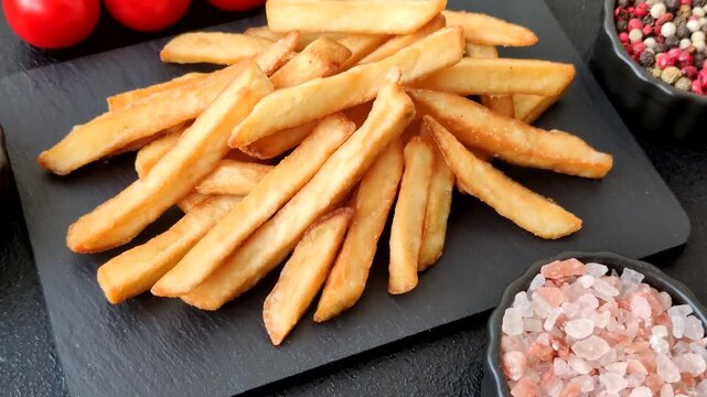 French fries, a salty, crispy, homemade snack with spices. French fries as a food background for your design