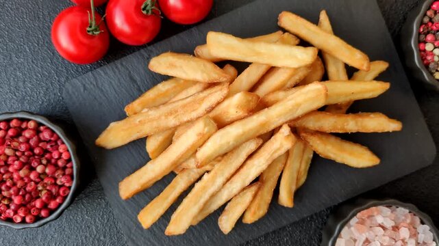 French fries, a salty, crispy, homemade snack with spices. French fries as a food background for your design