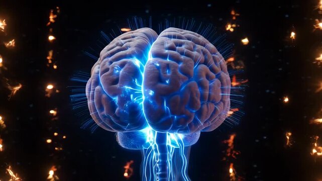 Glowing blue human brain model with electrical activity and neural connections against a blurred, textured orange background.
