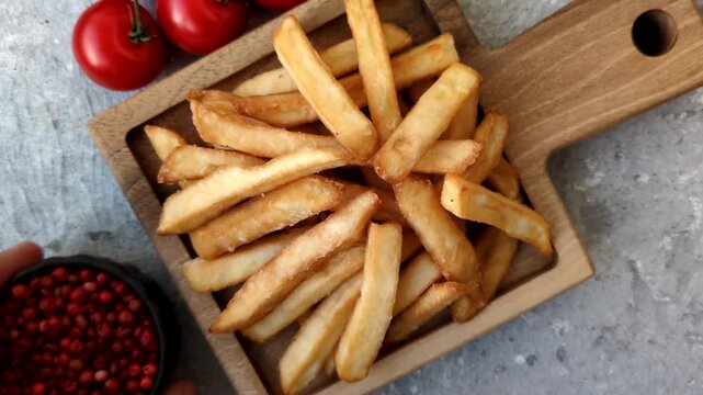 French fries, a salty, crispy, homemade snack with spices. French fries as a food background for your design