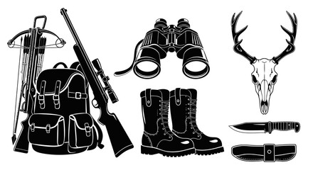 Outdoor Hunting Equipment  Gear Vector Icons Set - Black  White Silhouette Collection