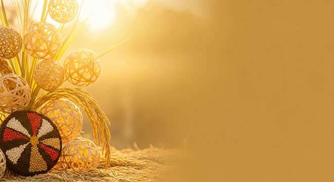 Kaamatan Festival, warm golden gradient with rice grains and bamboo decorations glowing under sunlight on the left