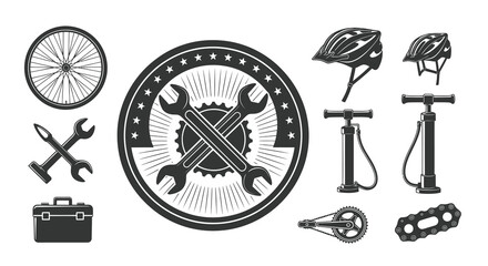 Bicycle Repair Tools and Gear Vector Icons Set - Black and White