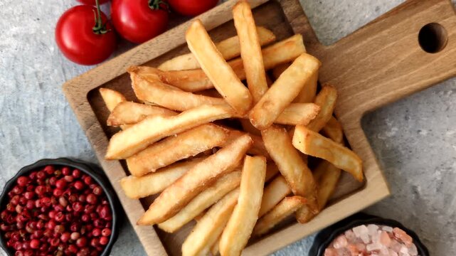 French fries, a salty, crispy, homemade snack with spices. French fries as a food background for your design