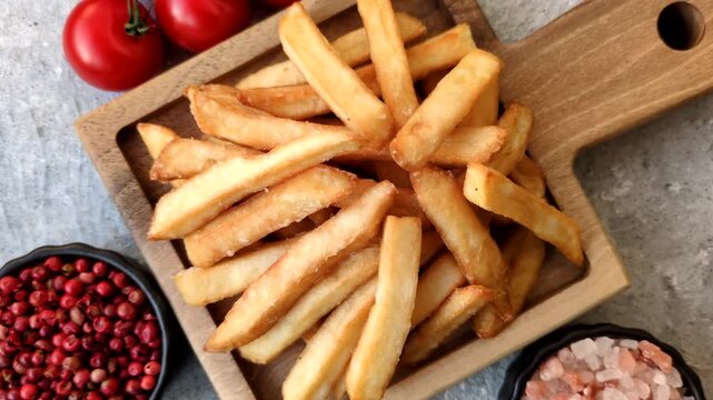 French fries, a salty, crispy, homemade snack with spices. French fries as a food background for your design