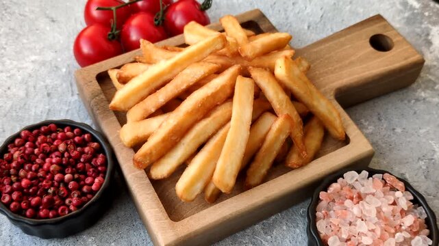 French fries, a salty, crispy, homemade snack with spices. French fries as a food background for your design