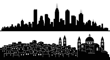 Fototapeta premium Black and White Cityscape Silhouettes: Modern Skyscrapers and Old Town Architecture