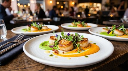 Gourmet Seared Scallops Fine Dining Dish in Elegant Restaurant with Wine and Modern Plating