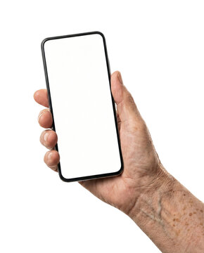 Elderly hand close up showing phone with empty display symbolizing technology accessibility for seniors digital longevity gadget usage and modern communication between generations in digital world.