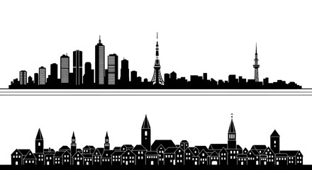 Obraz premium Black and White Silhouette Skyline of Modern and Old Buildings