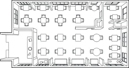 Obraz premium Office floor plan with multiple rooms and desks isolated on transparent background