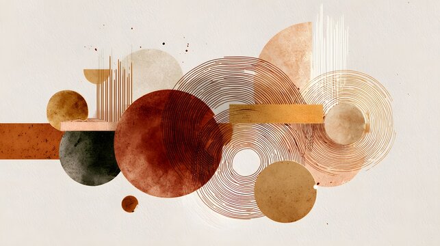 Abstract composition featuring overlapping geometric shapes with rich earthy tones and delicate circular line work creates modern visual interest.