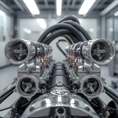 Low-Angle Macro Shot of Polished Chrome Engine Components and Custom Air Intake Velocity Stacks