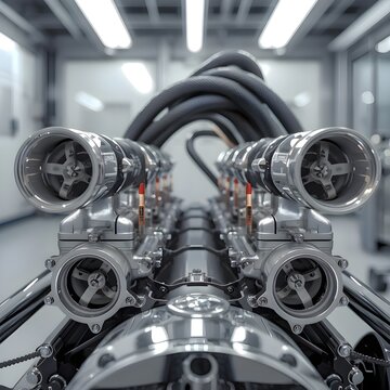 Low-Angle Macro Shot of Polished Chrome Engine Components and Custom Air Intake Velocity Stacks