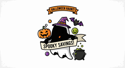 Cute ghost with witch hat and pumpkin celebrates Halloween with spooky savings!