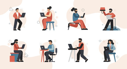 Diverse individuals engaged in remote work and digital tasks