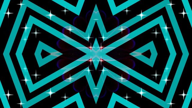Symmetrical abstract geometric pattern with glowing teal lines and sparkling white stars on a dark background, creating a vibrant visual effect.