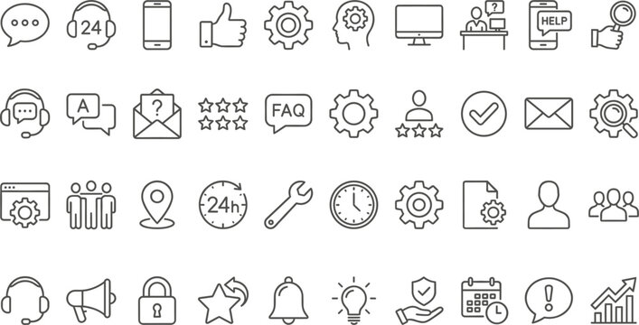 Customer support service line icons set help desk communication call center assistance feedback settings technology outline vector collection
