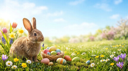 Naklejka premium Cute brown easter bunny sitting on green grass near basket full of colorful painted eggs