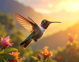 Fototapeta premium Hummingbird in Flight - A Vibrant Sunset Scene.