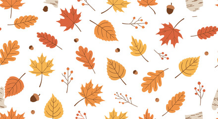 Seamless autumn leaves pattern with oak maple birch foliage acorns and branches warm fall nature background vector illustration © Vector Design Hub