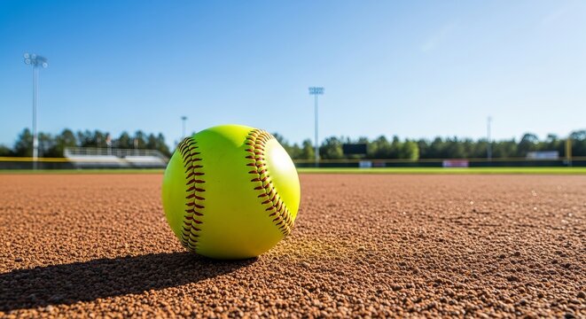Close-up of a neon yellow softball on a baseball field dirt infield, bright sunny day