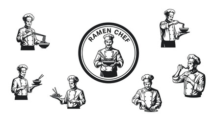 Ramen Chef Vector Icons: Black and White Line Art for Food Industry