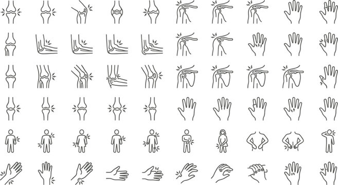 Joint pain medical line icons set arthritis knee elbow shoulder hand injury inflammation healthcare outline vector collection for orthopedic symptoms